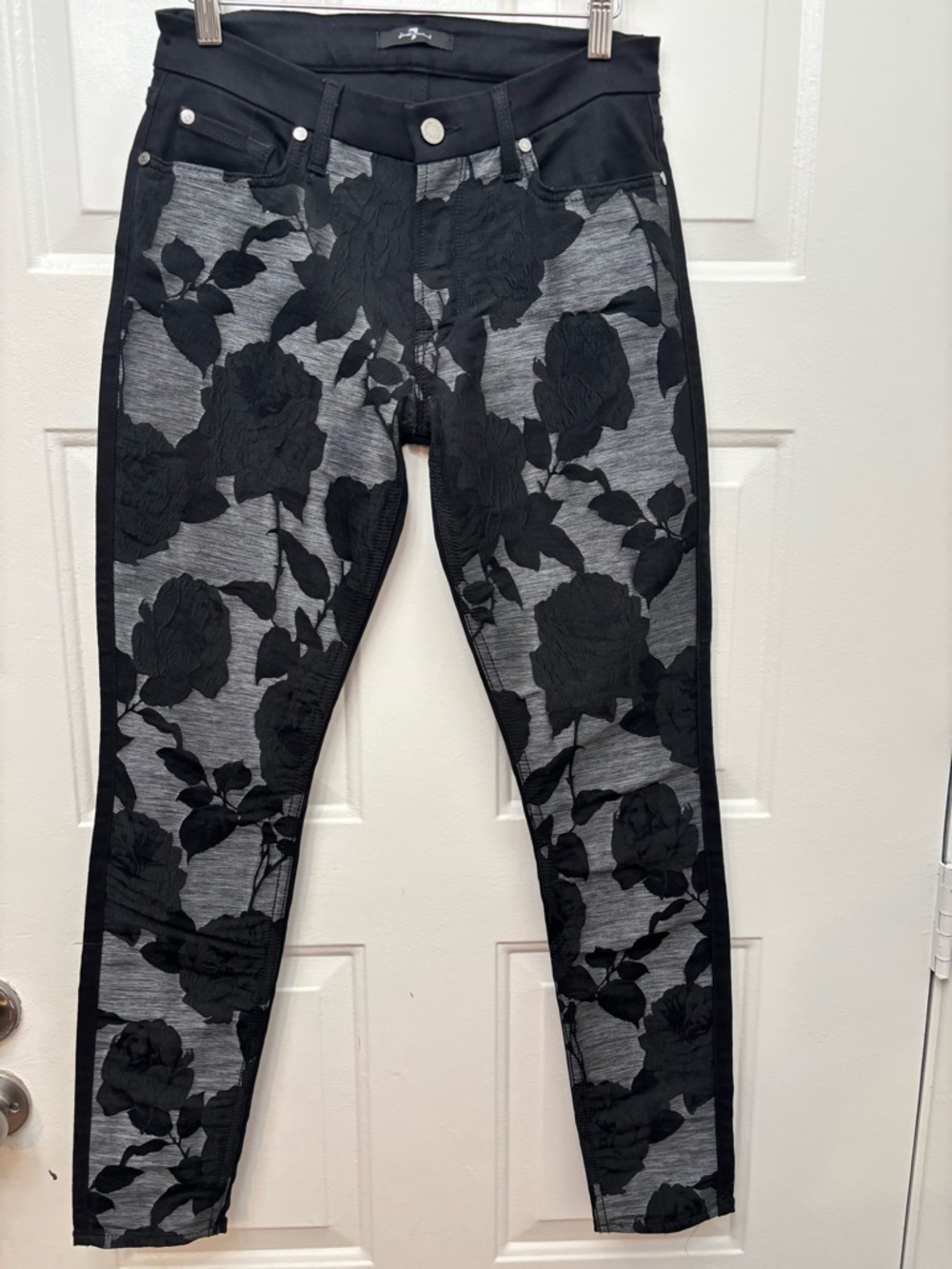 7 For All Mankind Black Skinny Floral Jacquard Pants